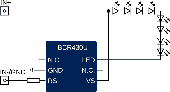 Типовая схема включения BCR430U в системе с напряжением питания 24 В