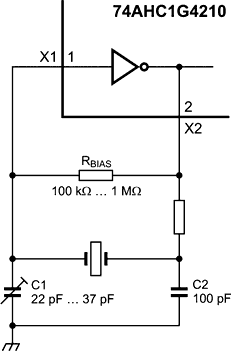 74AHC1G4210: External component connection for a crystal oscillator
