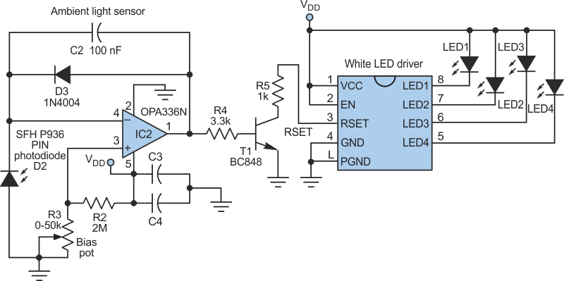 Simple Ambient Light Sensor Controls White LED Driver