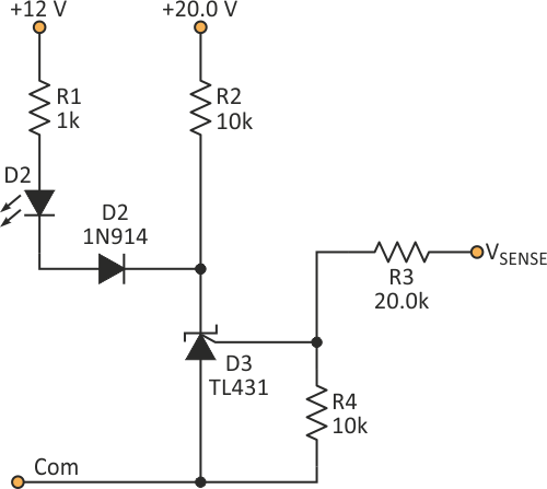 Connecting a series current-limiting resistor and LED to a cathode caused a preliminary glow prior to the reference potential being reached. Though that current is enough for the LED indication, it didn't have the desired sharpness.