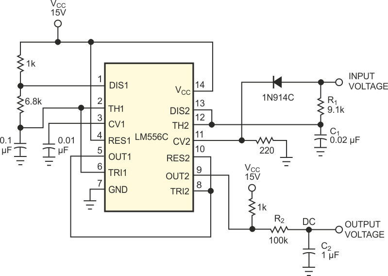 Log amp uses capacitor-charging law