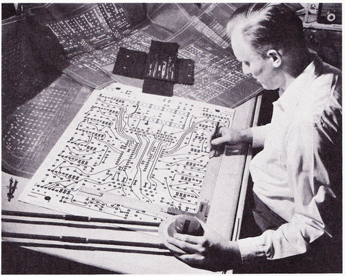 Drawing a printed circuit board with tape and mylar before EDA arrived.