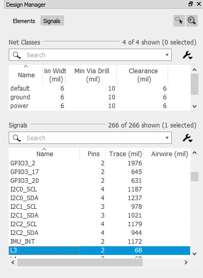 In Design Manager you can either search for nets in the search bar, or filter by your preconfigured net classes.