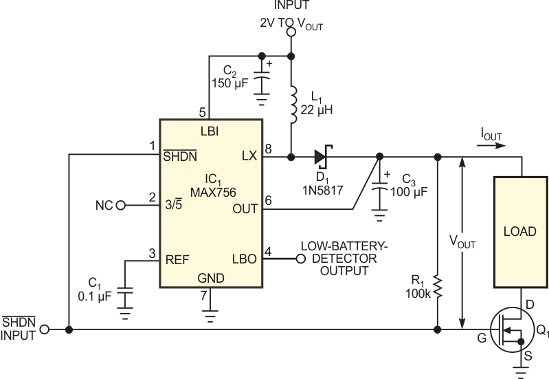 External components provide true shutdown for boost converter