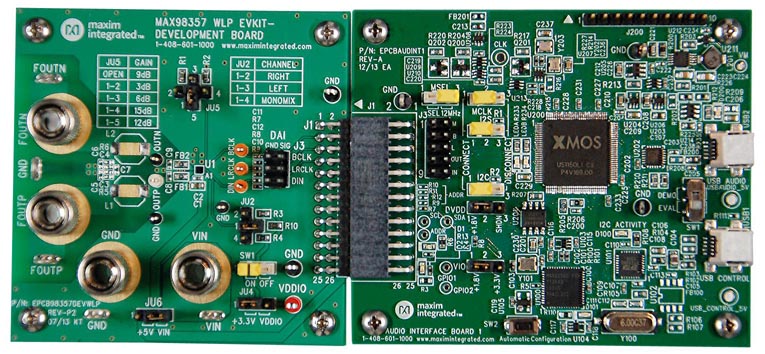 Отладочная плата MAX98357EVSYS#WLP, подключенная к плате аудио интерфейса