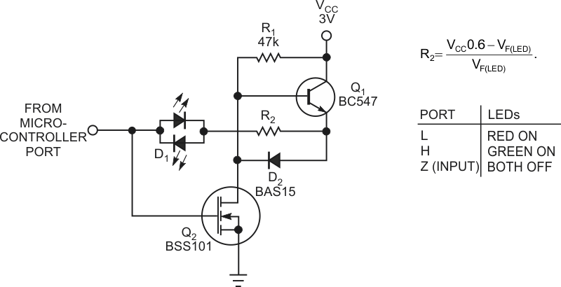 Single-port pin drives dual LED