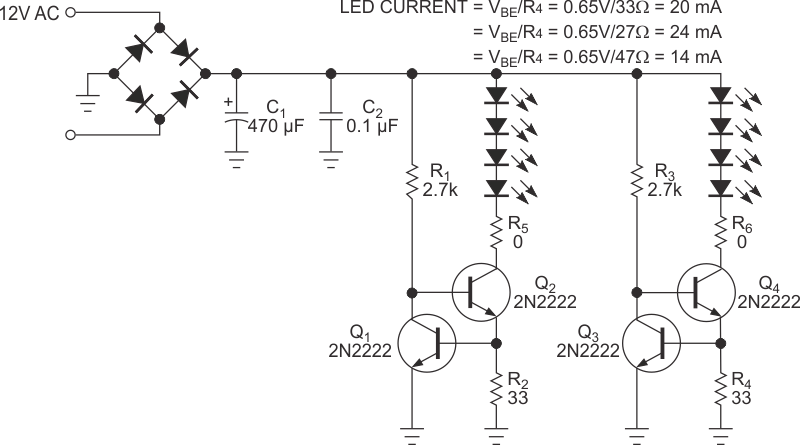Transistors drive LEDs to light the path