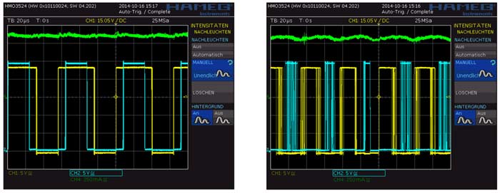 Изменение частоты сигналов при использовании stealthChop (слева) и spreadCycle (справа)