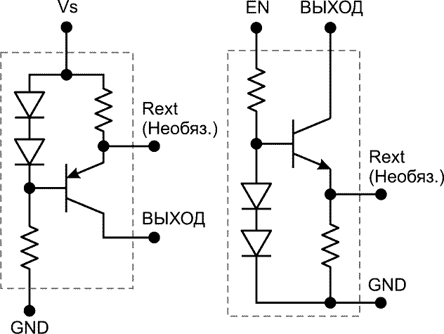Внутренние схемы драйверов: BCR401, BCR402, BCR405 (слева); BCR420, BCR421 (справа)