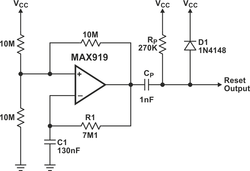 This reset circuit consumes less than 1 µA and delivers a 100-µsec-wide reset pulse every 1.3 sec.