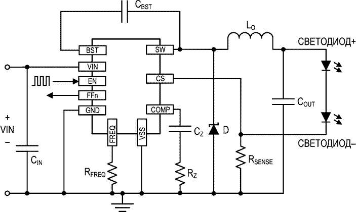 Упрощенная схема включения ALT80802 в конфигурации понижающего преобразователя