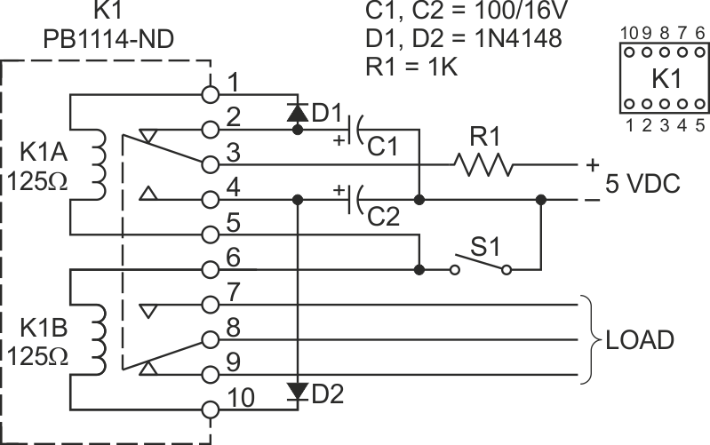 	This two-coil relay configuration provides a latching flip-flop action without active electronics and retains its state even after power is removed. Component values are not critical.