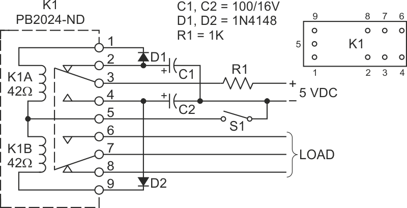 This modified version of the original circuit uses a larger center-tapped relay coil with four times the contact-current rating of the two-coil relay approach.