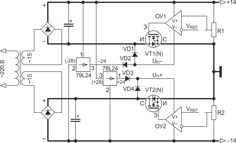 Упрощенная схема двуполярного стабилизатора.