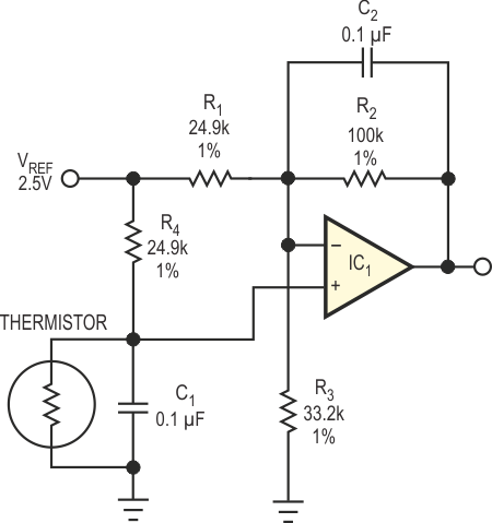 This pseudologarithmic thermistor signal conditioner uses a single  operational amplifier and a few passive components.