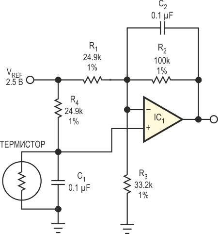 В псевдологарифмическом нормализаторе сигнала  термистора использован один операционный усилитель  и несколько пассивных компонентов.
