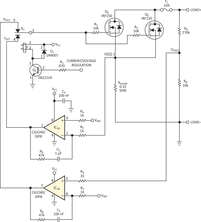 Using MOSFETs and a relay, this electronic load can operate in both current- and voltage-regulation modes.