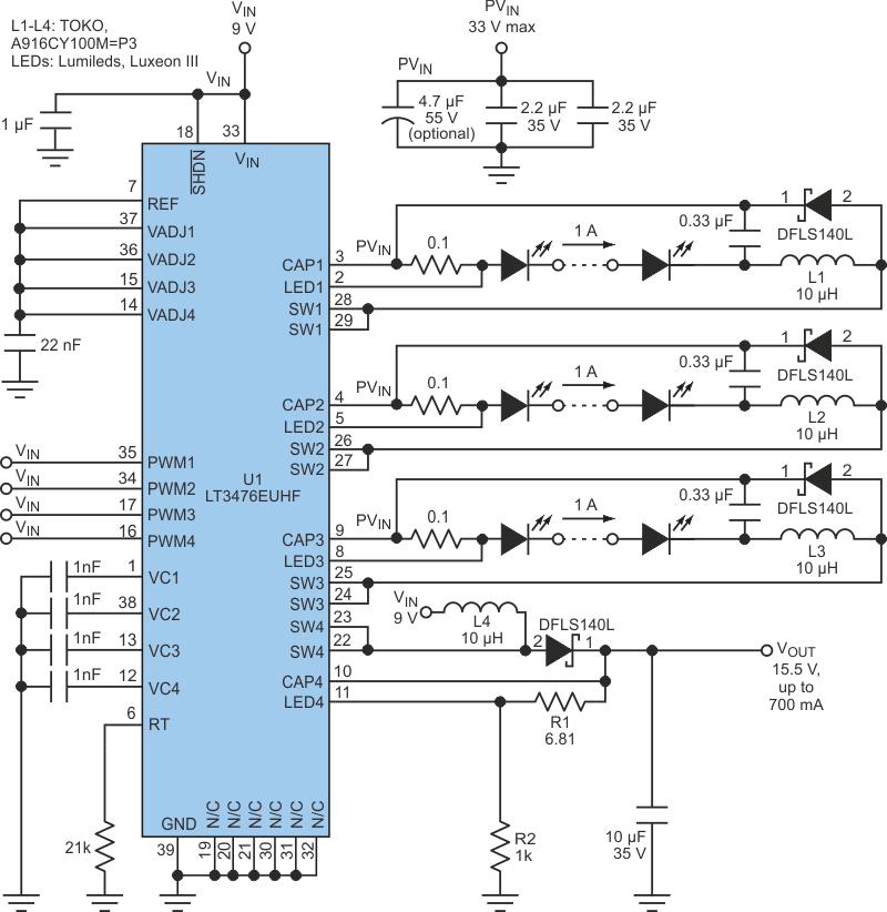 Designers can save space and reduce component count by using an otherwise unneeded channel of a multichannel LED driver to create a constant-voltage source in boost mode.
