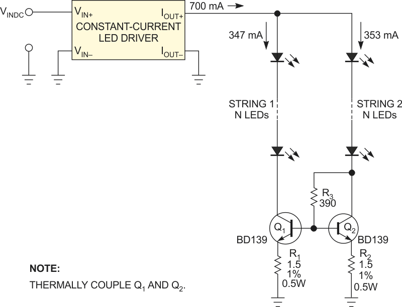 Using a current mirror, you can safely protect two parallel, connected strings of any number of 350-mA power LEDs from destructive overcurrents.