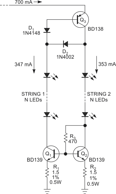 Using a current mirror, you can safely protect two parallel, connected strings of any number of 350-mA power LEDs from destructive overcurrents.