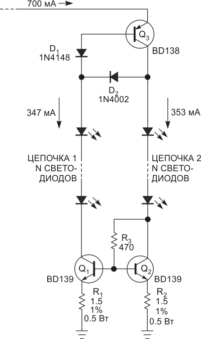 Использование токового зеркала может надежно защитить от разрушительной токовой перегрузки две параллельные цепочки, состоящие из любого количества мощных 350-миллиамперных светодиодов.