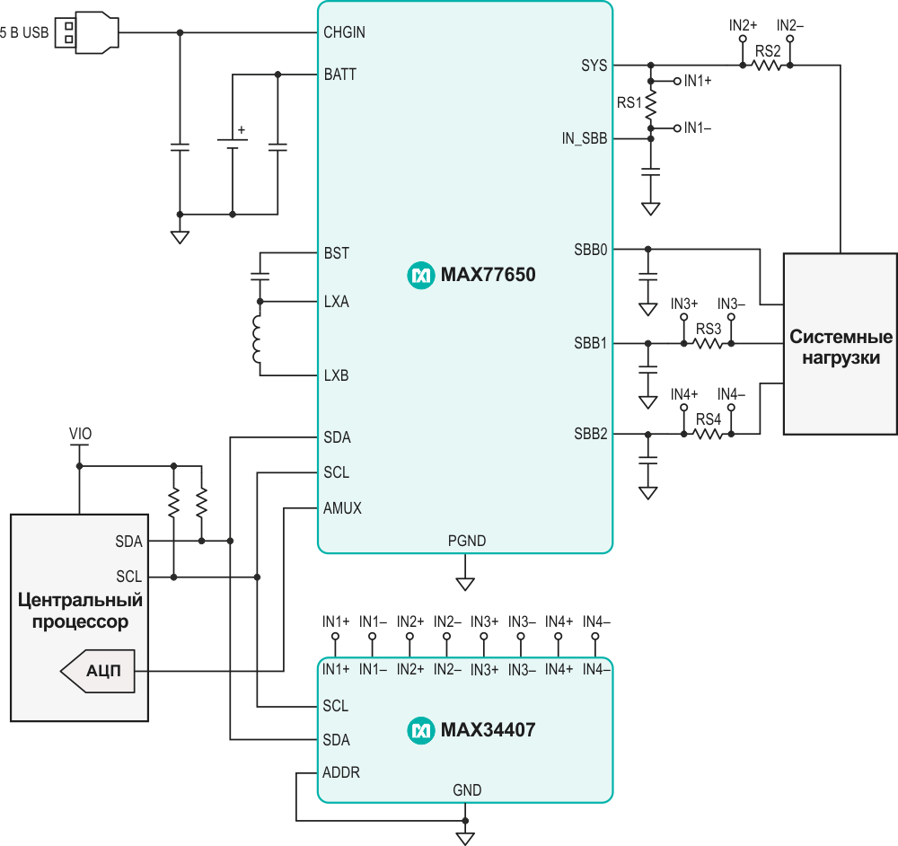 Блок-схема аккумулятора энергии MAX34407.