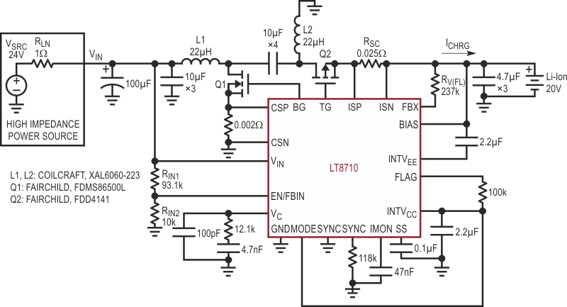 Electrical Schematic of LT8710 Li-Ion Battery Charger In High Impedance Input Lines.