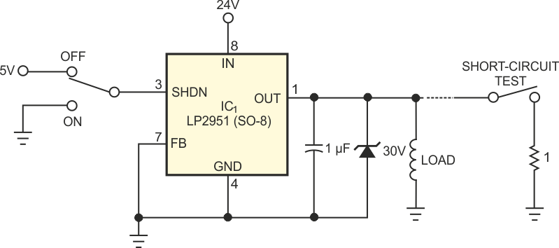 This simple high-side driver provides current limiting as well as transient protection.