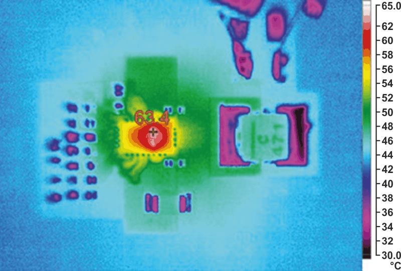 Thermal Image of the Master Phase of the Figure 4 Circuit at 10 A with 0 LFM Airflow at 25 °C Ambient Temperature (38 °C Temperature Rise).