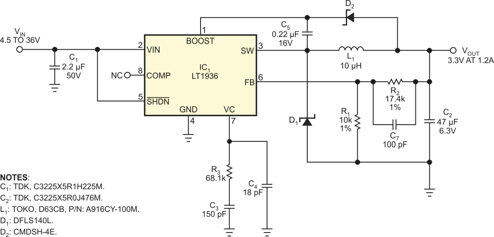 For efficient operation at output voltages of 3.3 V or higher, a charge pump comprising D2 and C5 provides a voltage boost that provides sufficient drive for IC1's internal switching transistor.