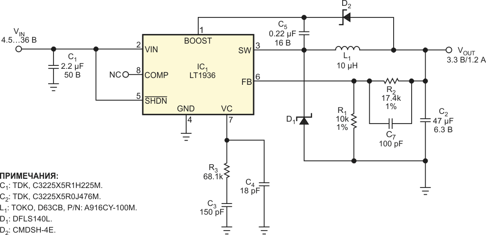 Схема понижающего преобразователя 12 В/1.2 В и зависимость КПД от тока нагрузки.