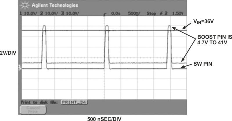 At a maximum input voltage of 36 V (VIN), waveforms at the SW and Boost pins show a 5 V boost-voltage margin for the circuit of Figure 2.