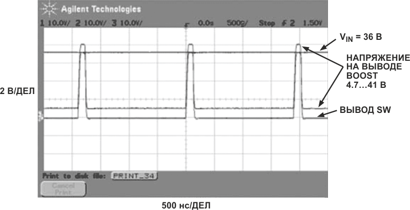 При максимальном входном напряжении 36 В запас по напряжению на выводах SW и Boost, обусловленный вольтодобавкой, составляет 5 В.