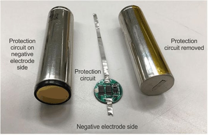 The 18650 is shown with and without the protection circuit, revealing the detail of the protection circuit.