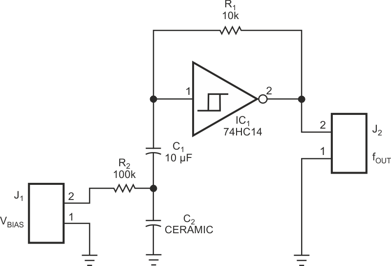 This simple oscillator shows the effect of a dc bias on a multilayer capacitor, C2.