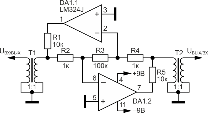 Реверсивный усилитель на операционных усилителях LM324J с трансформаторными развязками.