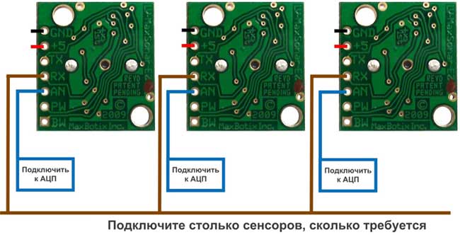 Объединение входов RX используемых датчиков MaxSonar