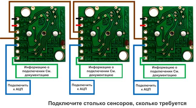 Диаграмма последовательного включения датчиков LV-MaxSonar-EZ и XL-MaxSonar-EZ/ AE