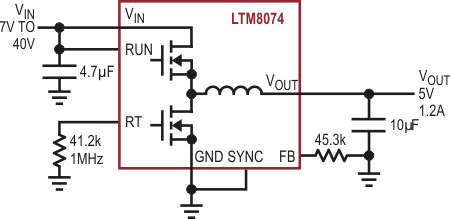 Minimal Components Needed for 7 V to 40 V Input, 5 VOUT 1.2 A Design.