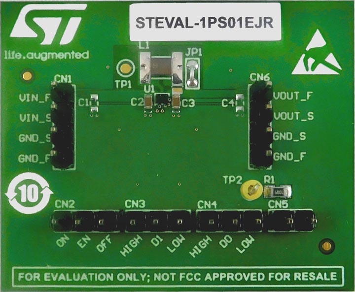 Evaluation board based on the ST1PS01EJR 400 mA nano-quiescent synchronous step-down converter