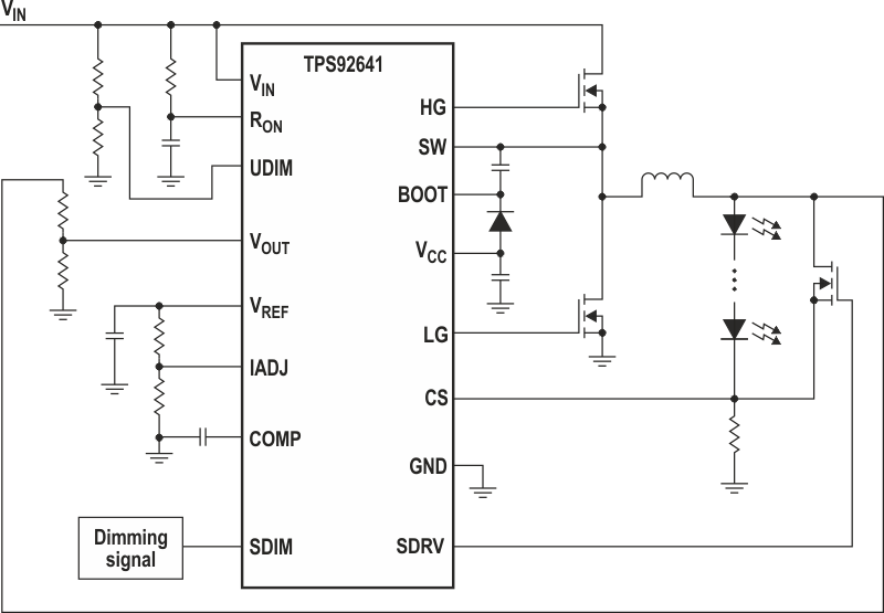 A two-string dimmable LED driver uses a buck converter for one string and a linear regulator for the second string.