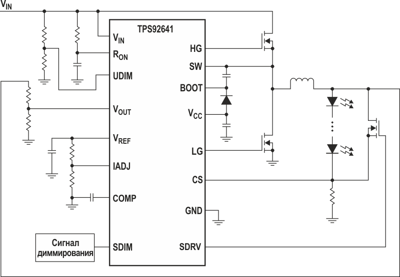 В этой схеме диммирование реализуется с помощью МОП-транзистора, включенного параллельно цепочке светодиодов.