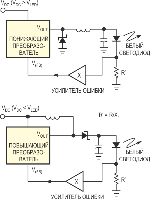 В этих схемах операционный усилитель уменьшает рассеиваемую на последовательном резисторе мощность в число раз, равное его коэффициенту усиления.