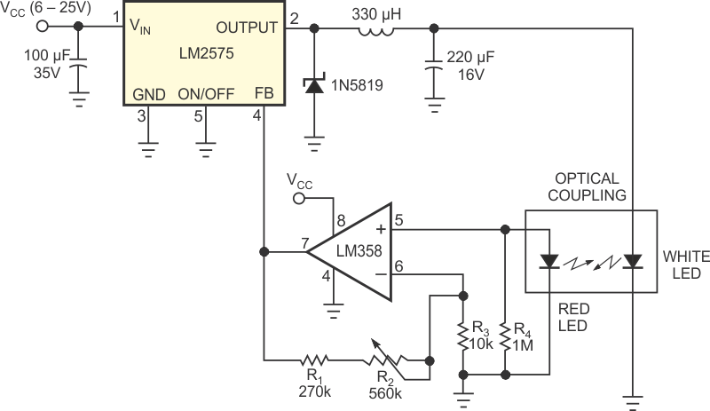 Depending on the input voltage, buck (a) or boost (b) regulators drive high-intensity white LEDs.