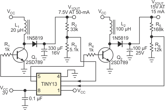 An Atmel ATtiny13 AVR microcontroller regulates two boost-dc/dc-converter outputs using its internal ADCs and PWMs.