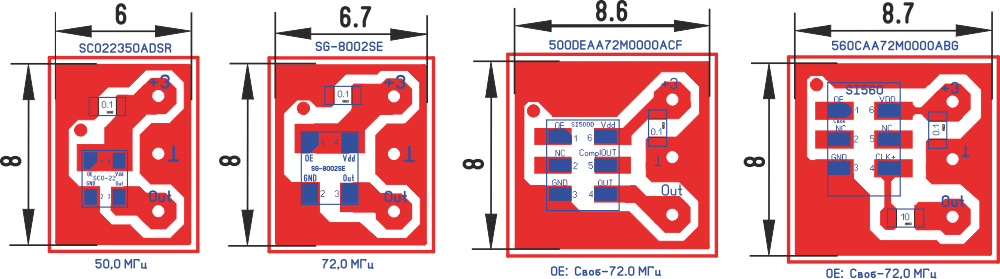  Разводка плат-переходников для генераторов SCO22350ADSR (а), SG-8002SE (б), 500EAA72M0000ACF (в) и 560CAA72M0000ABG (г).