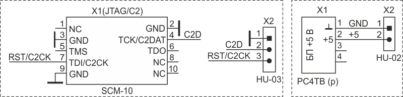 Схемы кабелей для программирования LB12 с помощью USB-DEBUG адаптера (а) и питания (б).
