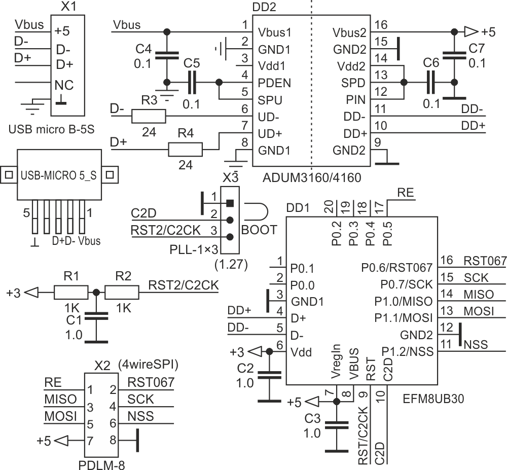 Схема преобразователя USB-SPI на базе ADuM3160/4160 и UB30.