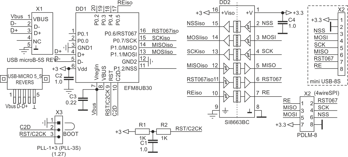 Схема преобразователя USB-SPI на базе SI8663 и UB30.