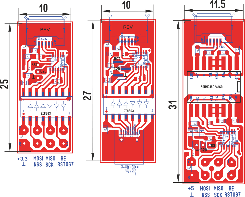 Разводка преобразователей USB-SPI на базе UB30, SI8663-DIP (а), SI8663-планар (б) и ADuM3160/4160 (в).